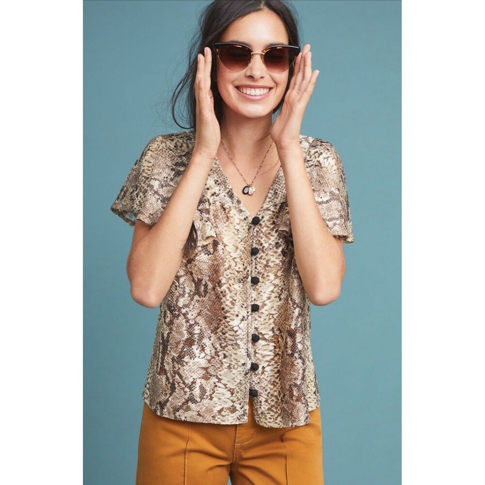 ANTHROPOLOGIE Eva Franco New SMALL‎ Top Willow Snake Print Blouse Flutter Sleeve